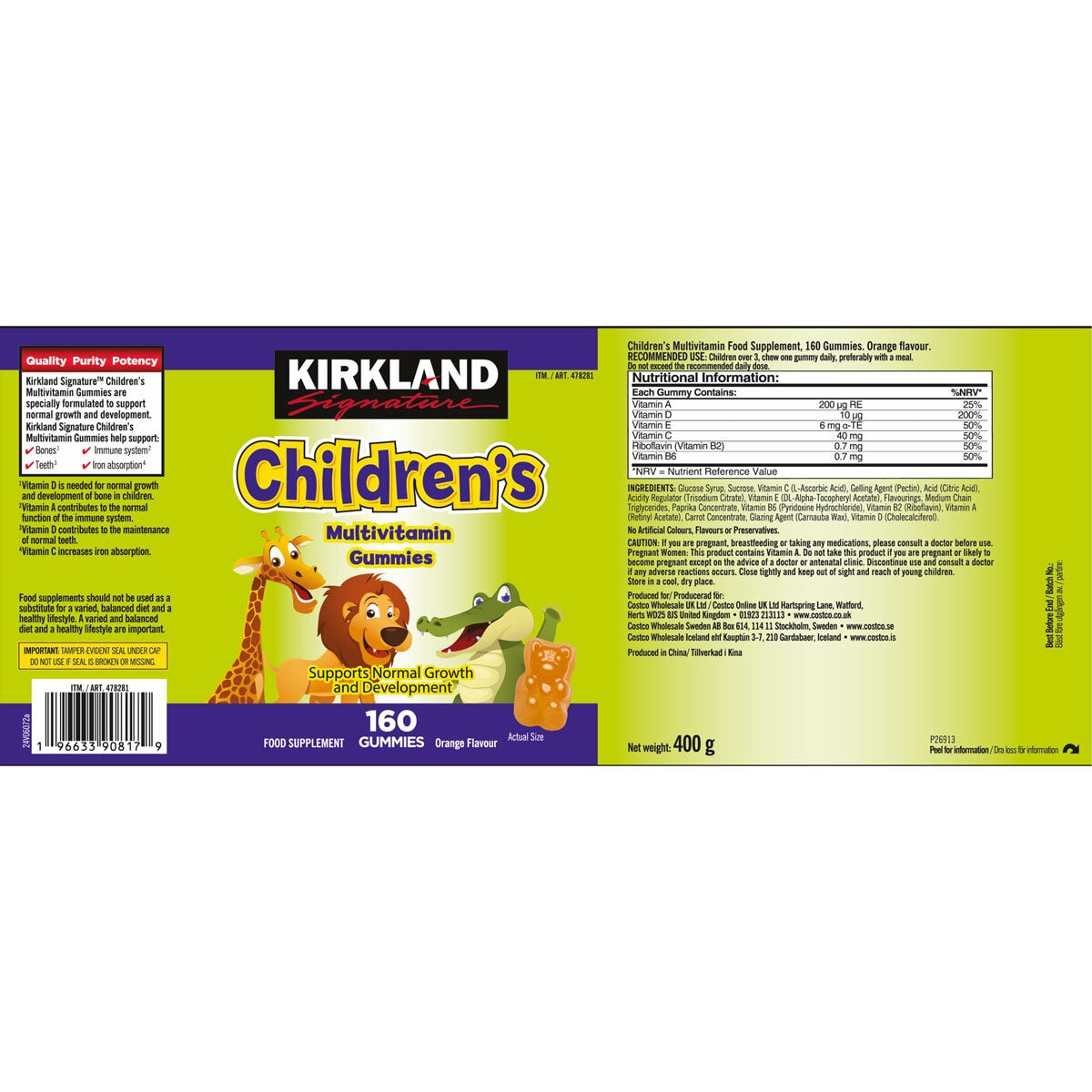 Kirkland Signature children's multi-vitamin gummies orange flavour 2 x 160 count, UK version