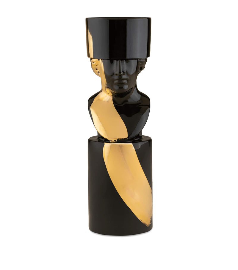 GINORI 1735 porcelain candle holder in black with gold-tone streak, UK version