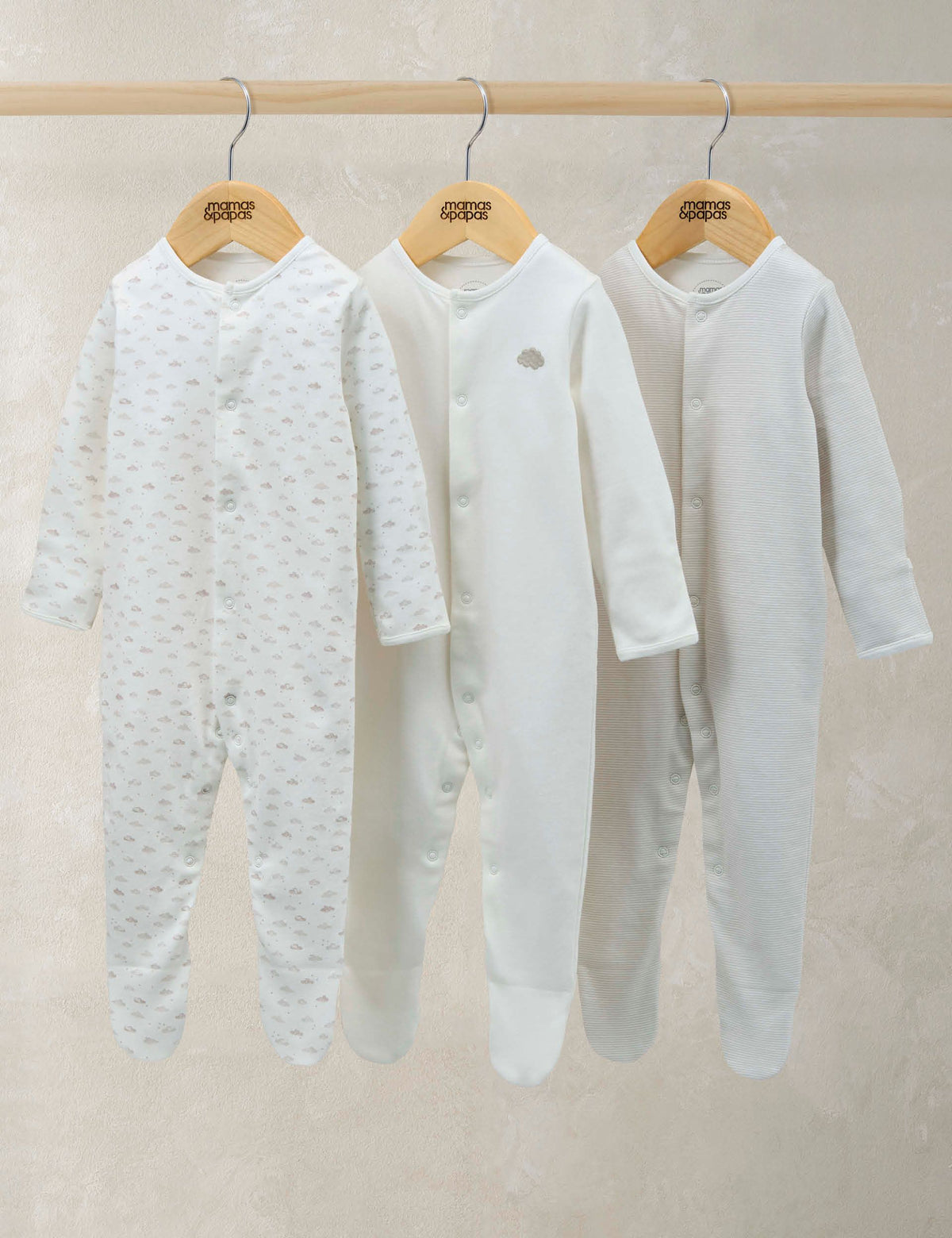 Mamas & Papas cloud sleepsuits 3 pack for 0-24 months, imported from the UK