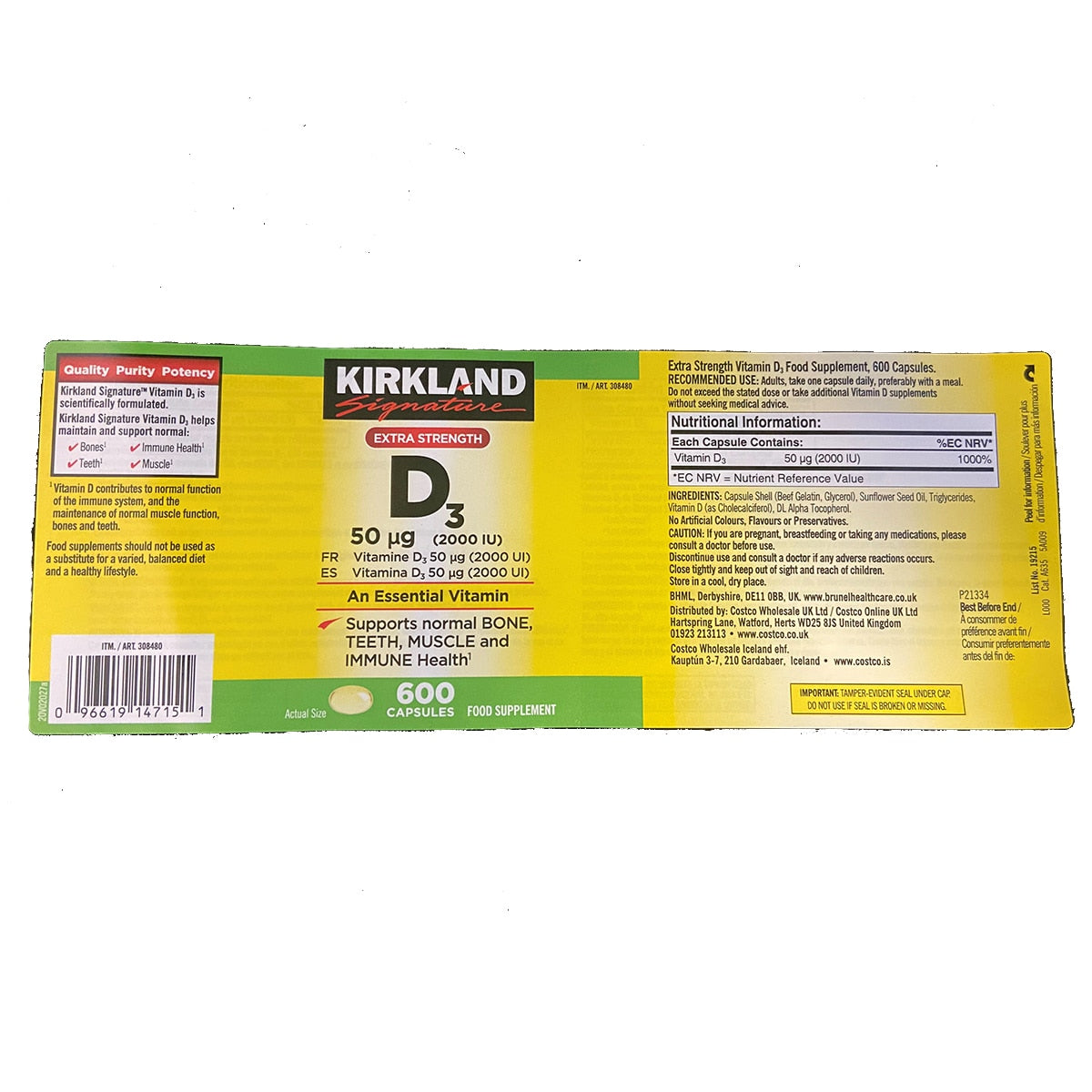 Kirkland Signature Vitamin D3 2000IU supplement 600 count, UK version