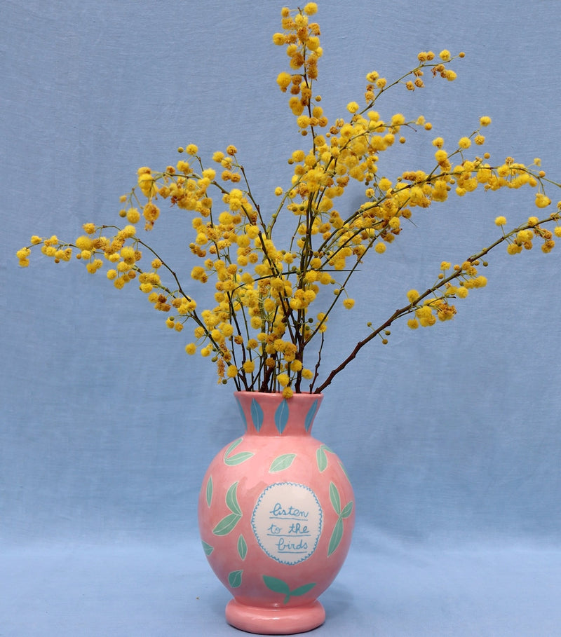 Laetitia Rouget hand-painted ceramic vase with bird and leaf design 28cm, UK version
