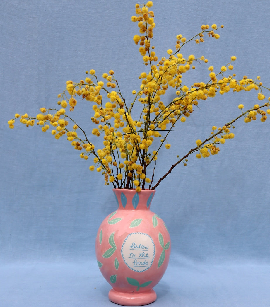 Laetitia Rouget hand-painted ceramic vase with bird and leaf design 28cm, UK version