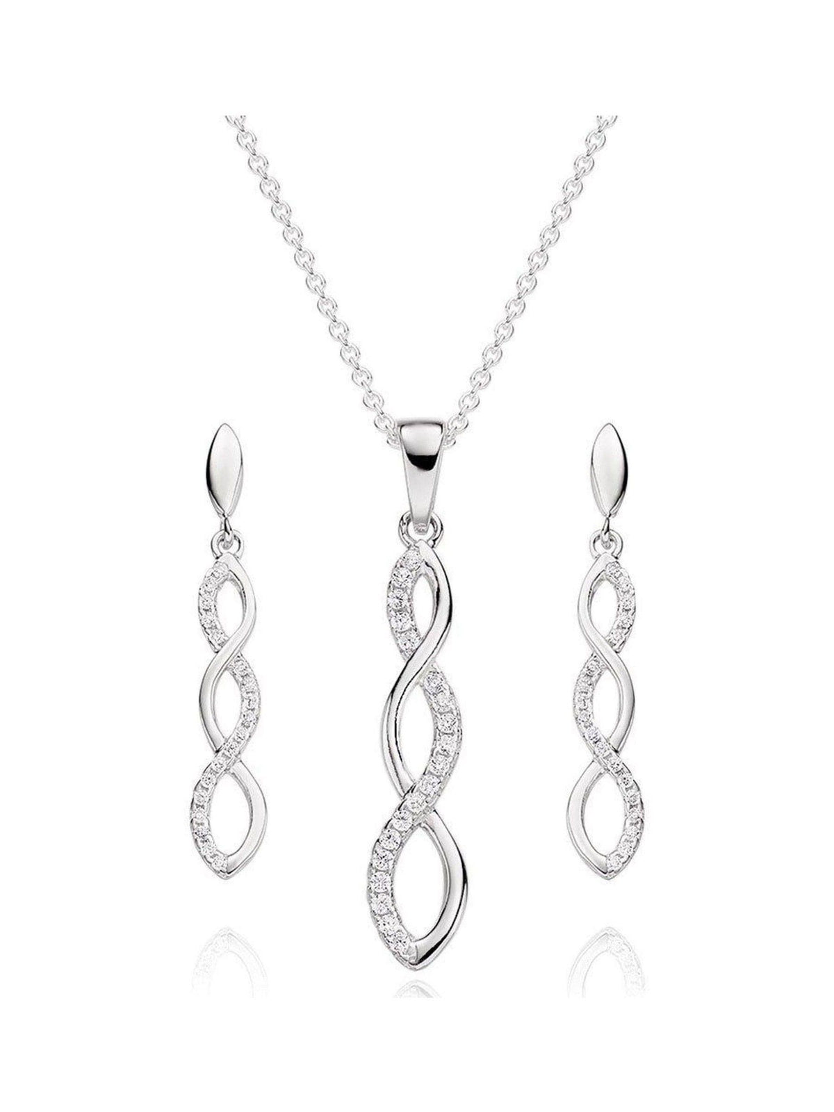Infinity cubic zirconia pendant and earrings set in sterling silver (British brand)