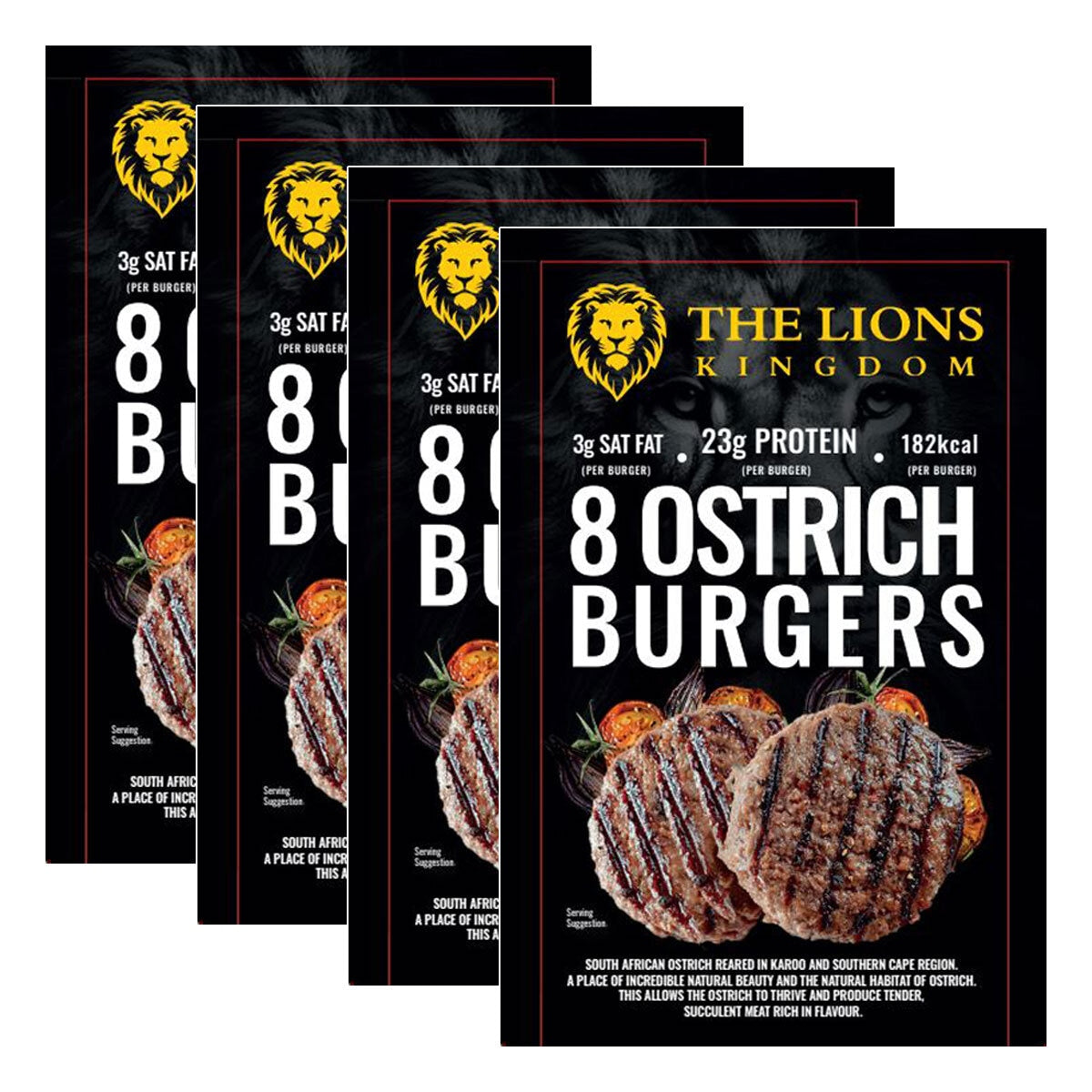 The Lions Kingdom ostrich burgers 4 x 8 x 120g (British brand)