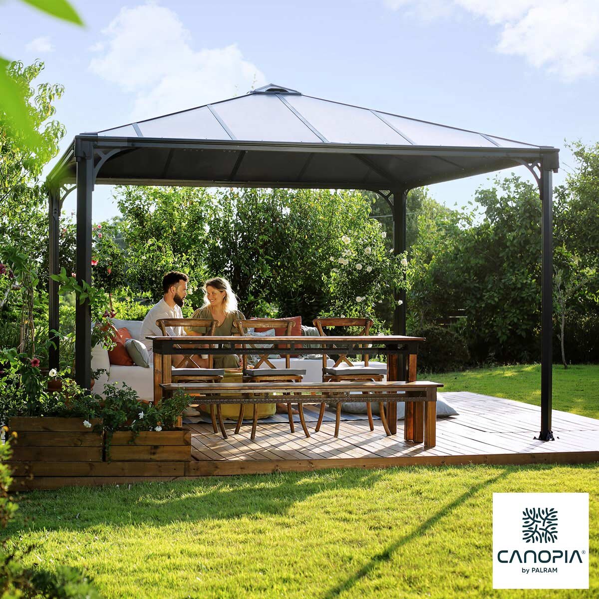 Palram Canopia hardtop aluminium and polycarbonate gazebo 3.6 x 3.6m, imported from the UK