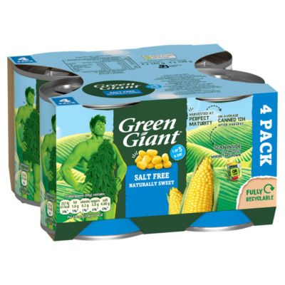 Green Giant salt free sweet corn kernels 4 x 198g cans, UK version
