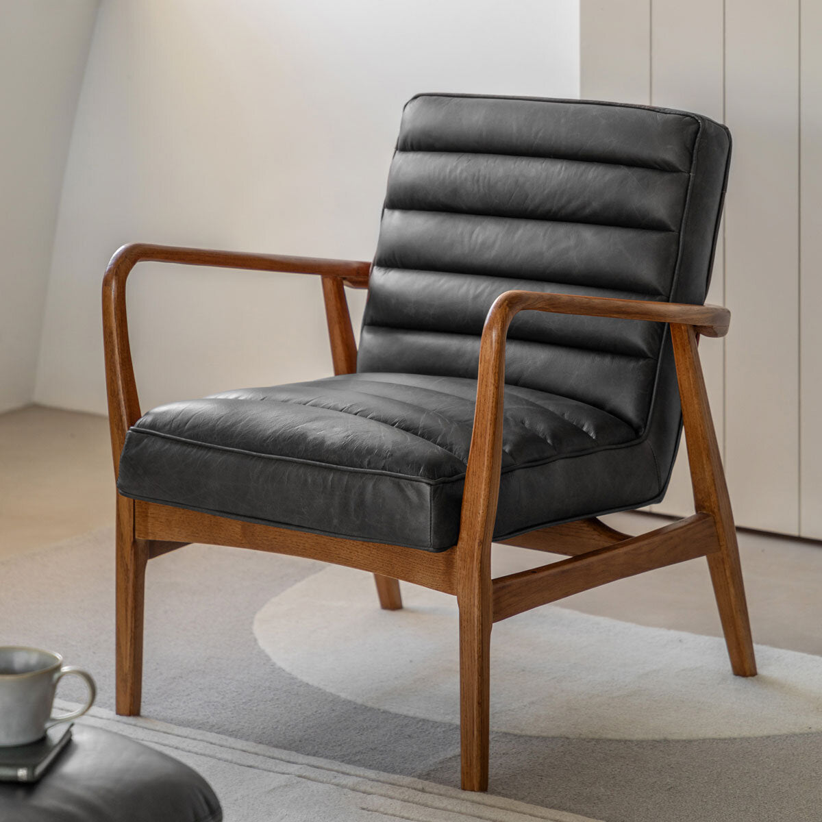 Gallery Datsun antique ebony leather armchair in grey, UK version