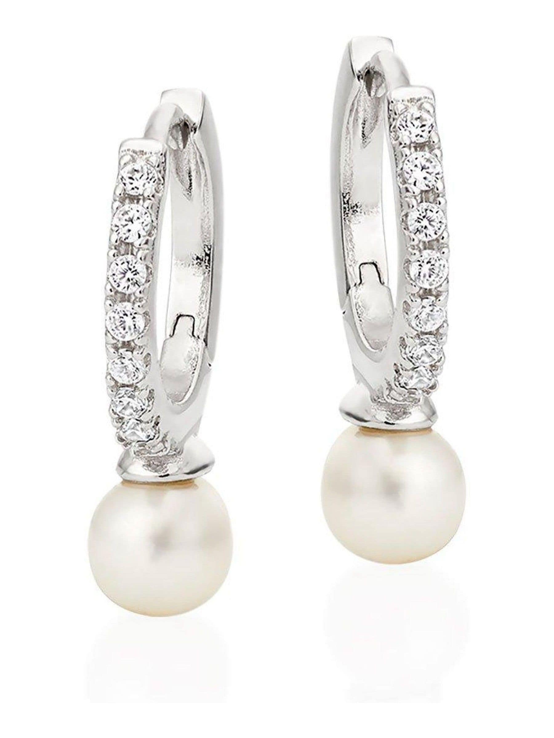 Silver Sterling Silver Cubic Zirconia Freshwater Pearl Hoop Earrings