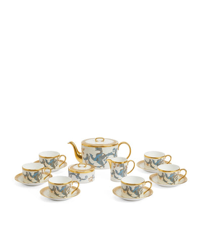 Bone China Tea Set with Phoenix Design and Gold Trim, 15 Pieces