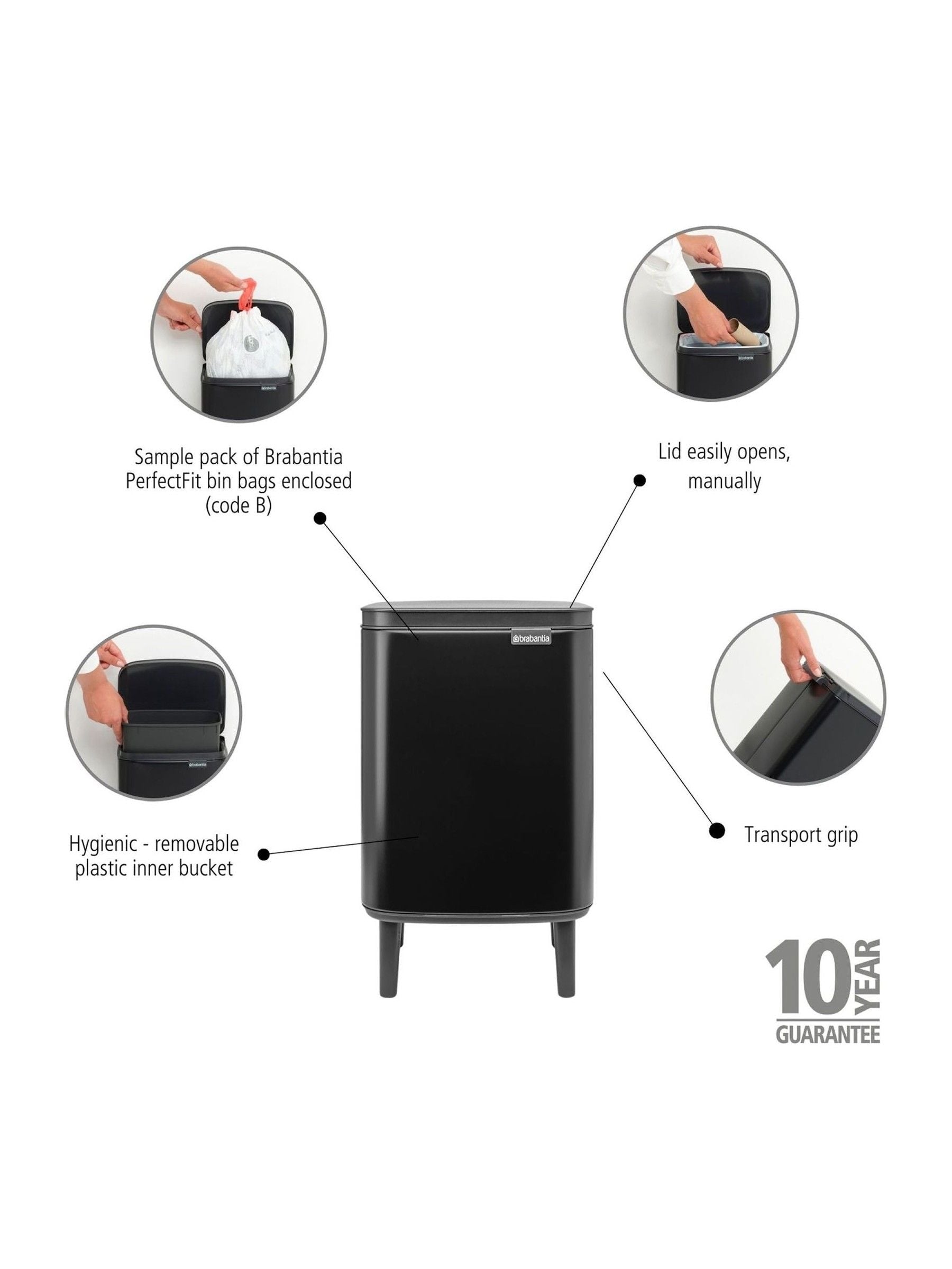 Brabantia Black Bo Hi waste bin 7L - British product