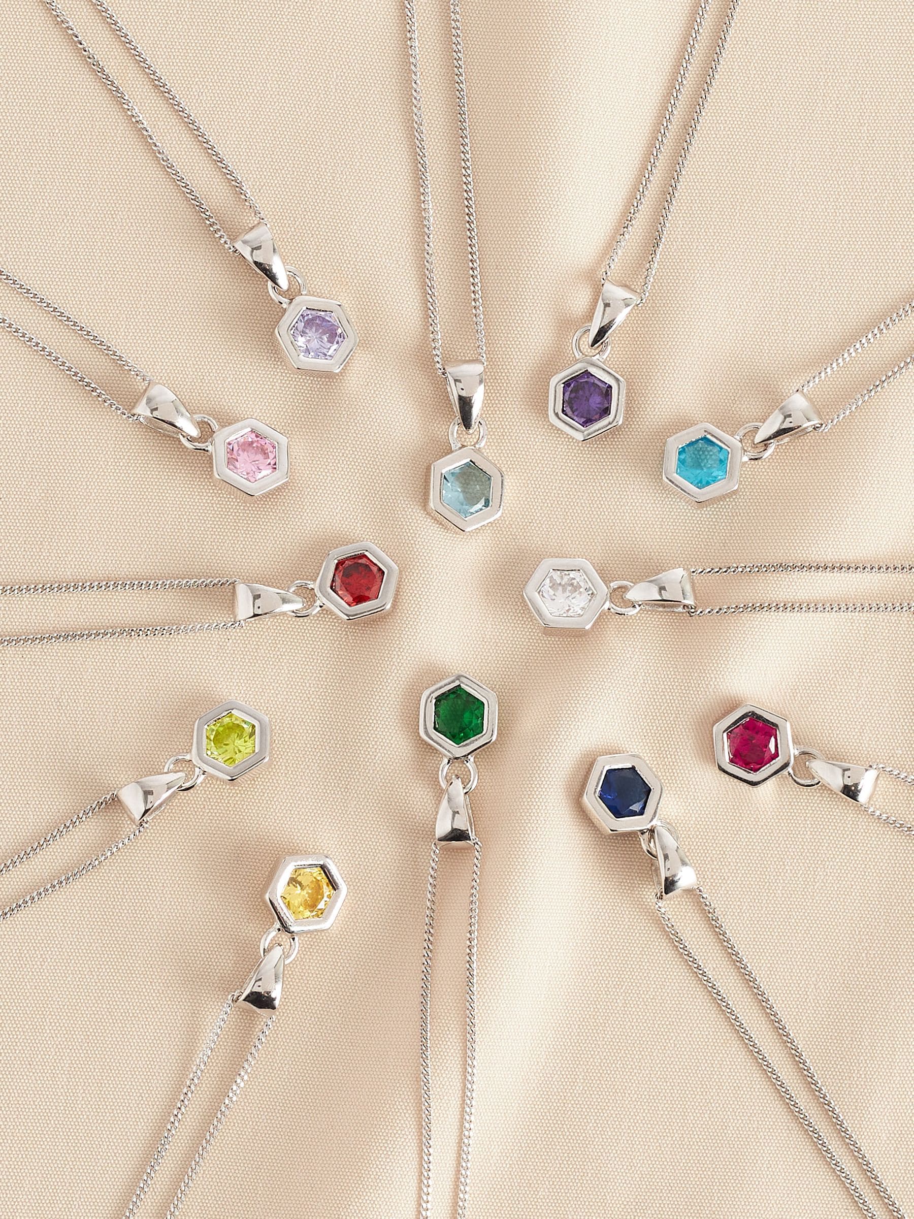 Sterling silver hexagon birthstone necklace (British brand)