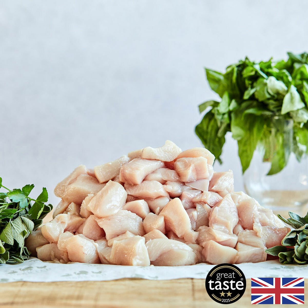 Herb Fed free range skinless diced chicken breasts 8kg, UK version