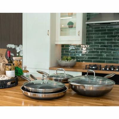 Hybrid Stainless Steel Cookware Set with Fry Pans, Wok, and Glass Lids - 7 Pieces