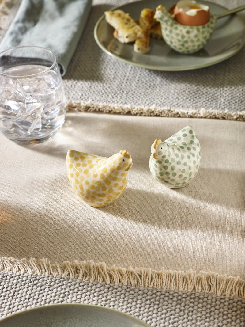 Salt and pepper shakers with Pat and Peggy chicken design in sage green (British brand)