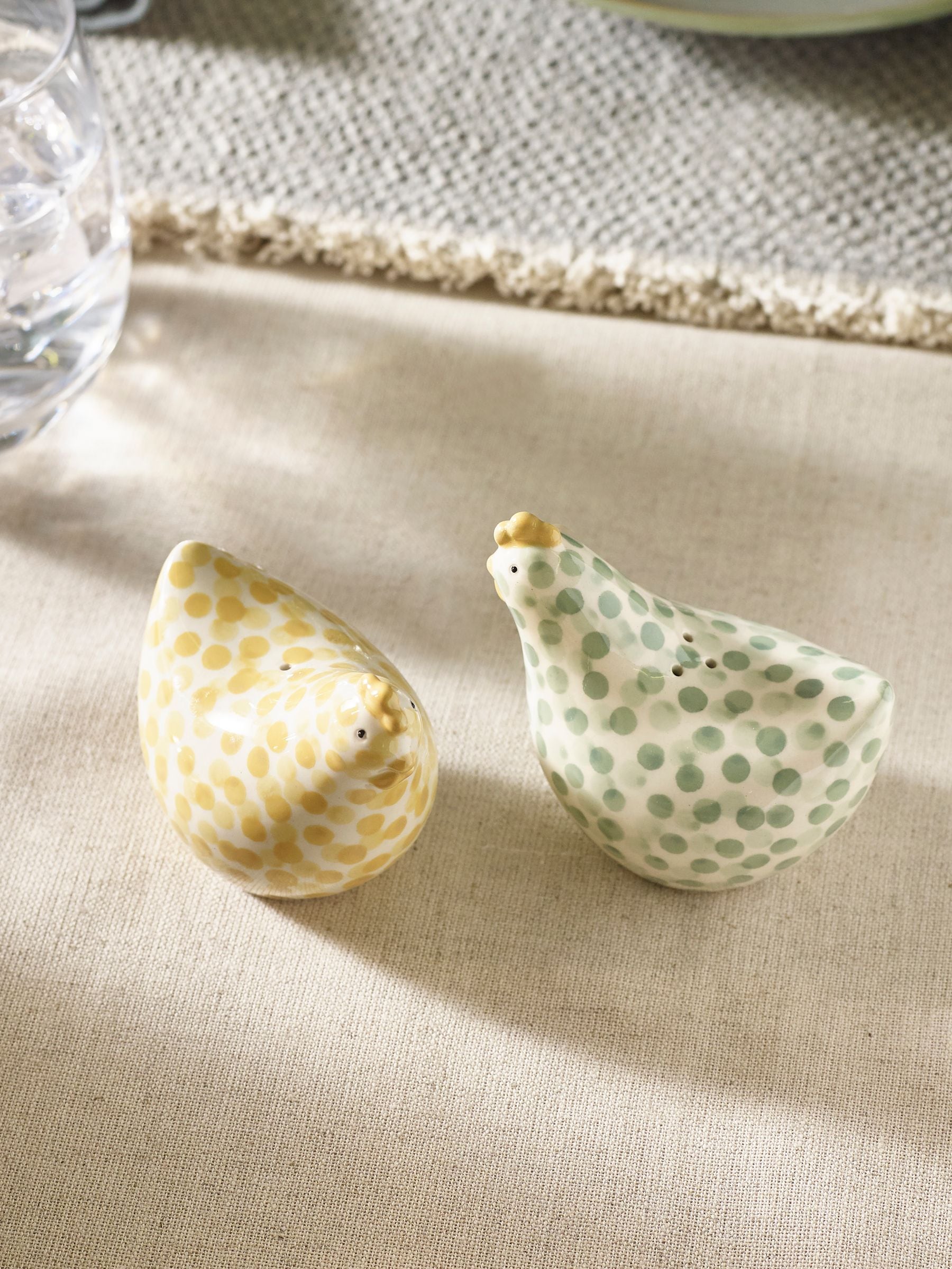 Salt and pepper shakers with Pat and Peggy chicken design in sage green (British brand)