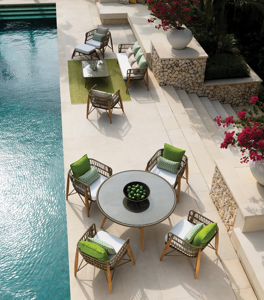 Pimlico Club outdoor armchair with teak wood and rope design, imported from the UK