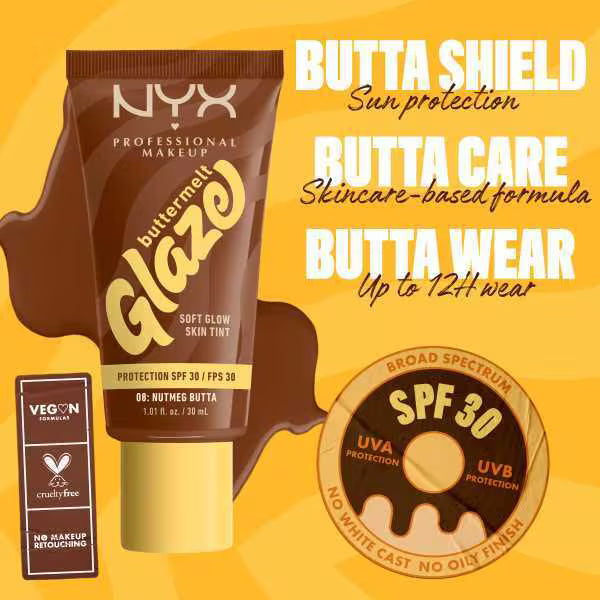 NYX Professional Makeup Buttermelt Glaze Skin Tint SPF30, imported from the UK