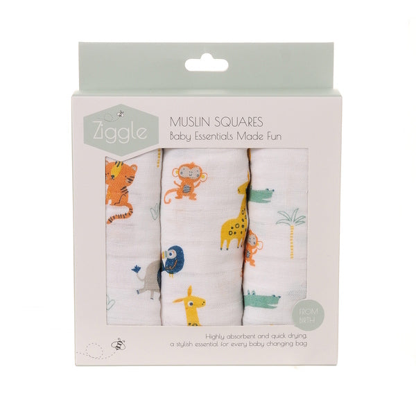 Ziggle Muslin Square Savanna Animals 70cm 3 Pack (British brand)