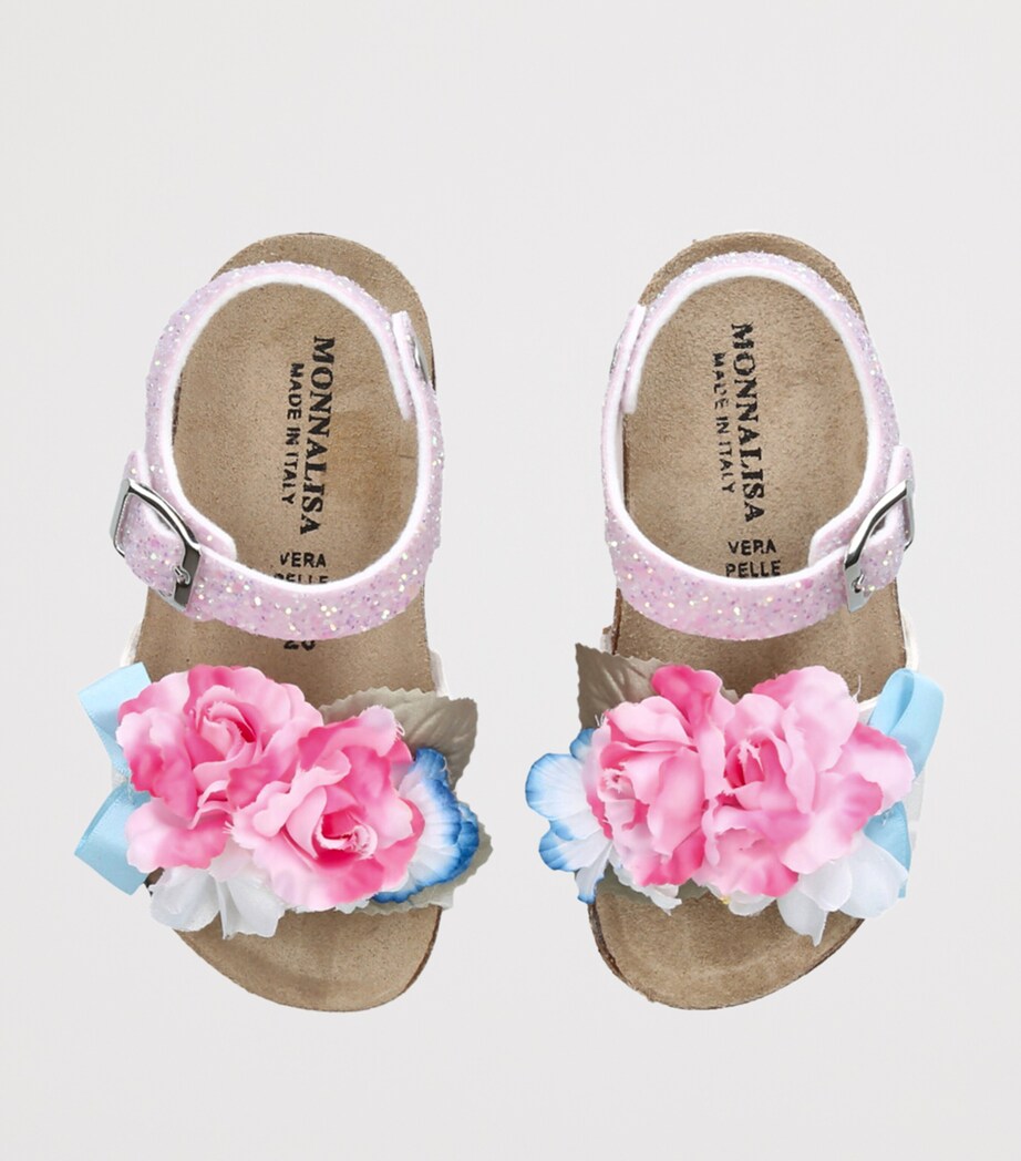 Monnalisa floral appliqué sandals for children with cork sole, imported from the UK
