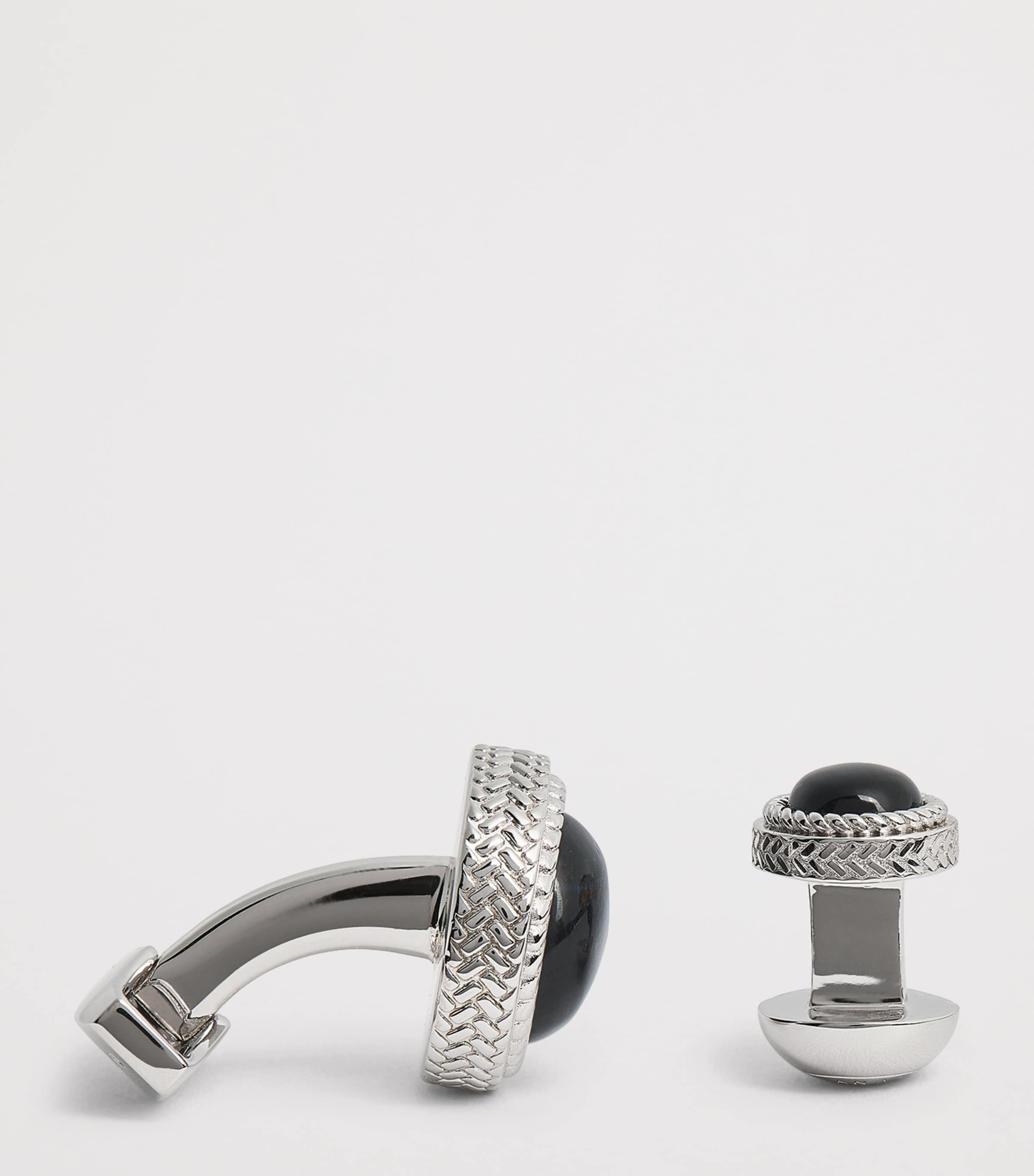 Tateossian sterling silver and onyx herringbone cufflinks and studs set (British brand)