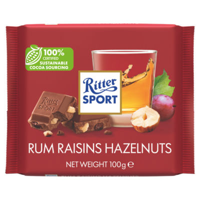 Ritter Sport rum raisins hazelnuts chocolate bar 100g, imported from the UK