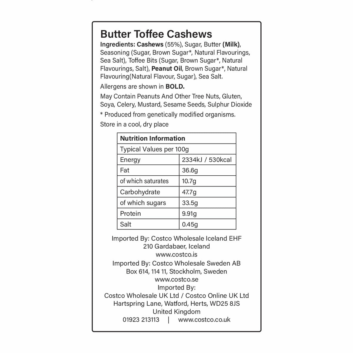 Kirkland Signature butter toffee cashews 680g, UK version