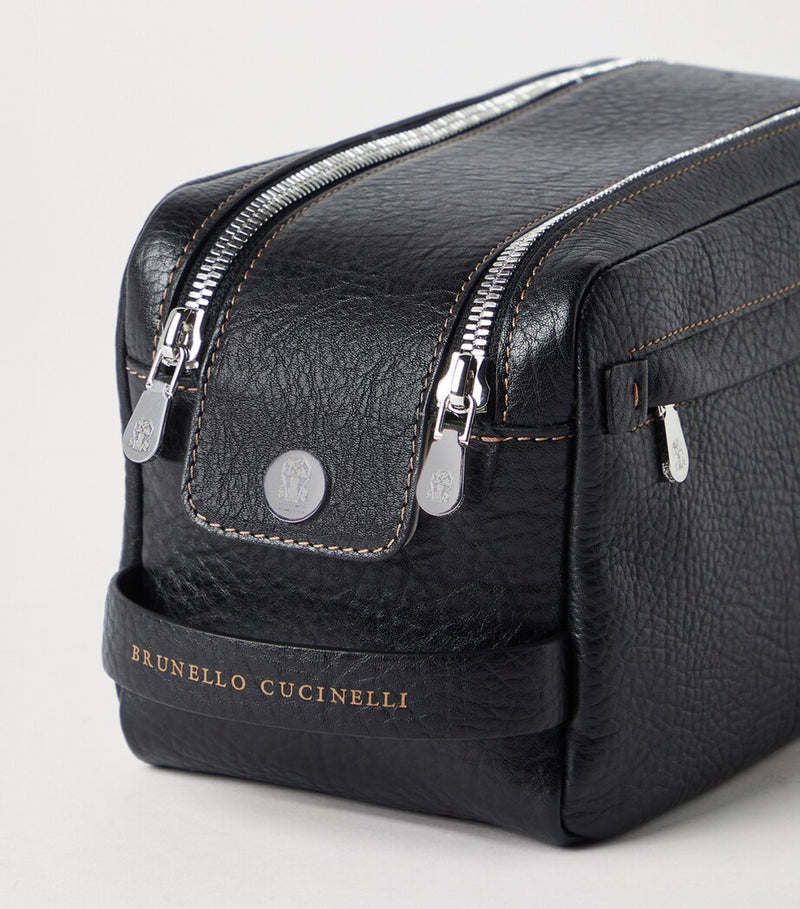 Grained Leather Toiletry Wash Bag with Zip Fastening