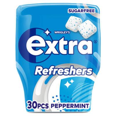 Wrigley's Refreshers peppermint sugarfree chewing gum bottle with 30 pieces (British brand)