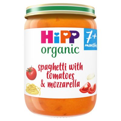HiPP organic spaghetti baby food jar with tomatoes mozzarella 190g, UK version
