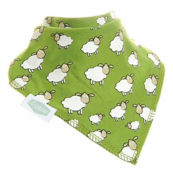 Ziggle bandana dribble bib featuring green sheep pattern (British brand)