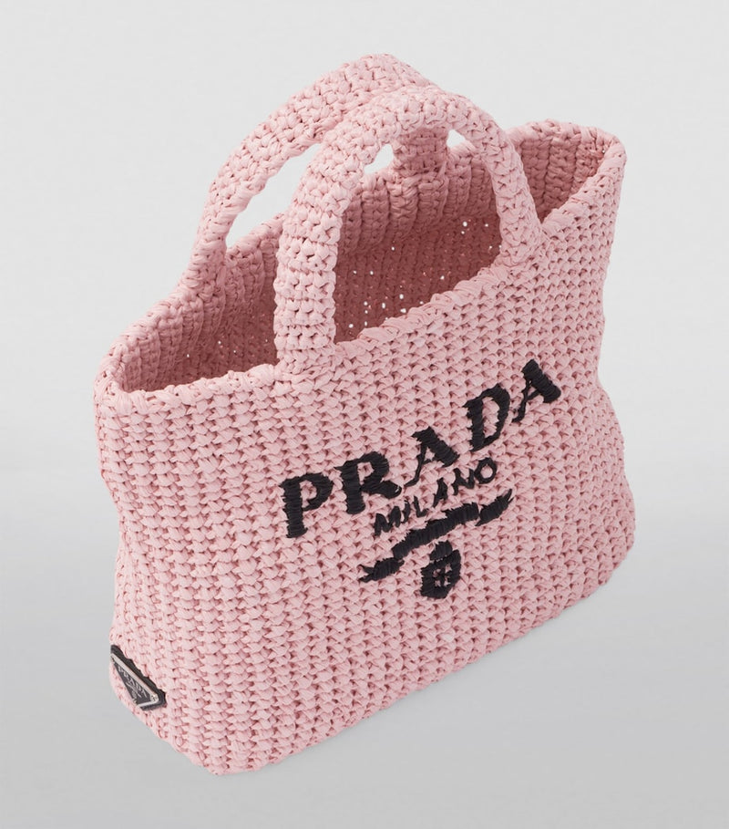 Prada small crochet tote bag with raffia-effect yarn, imported from the UK