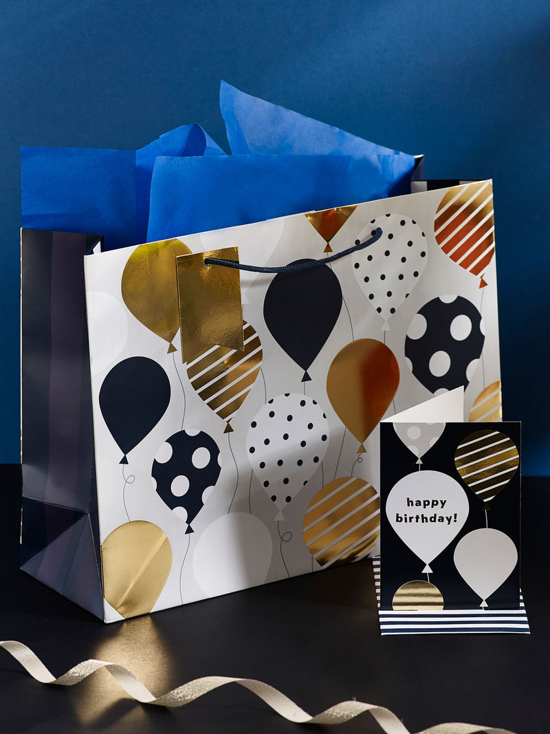 Navy balloons gift bag set with card and tissue paper, imported from the UK
