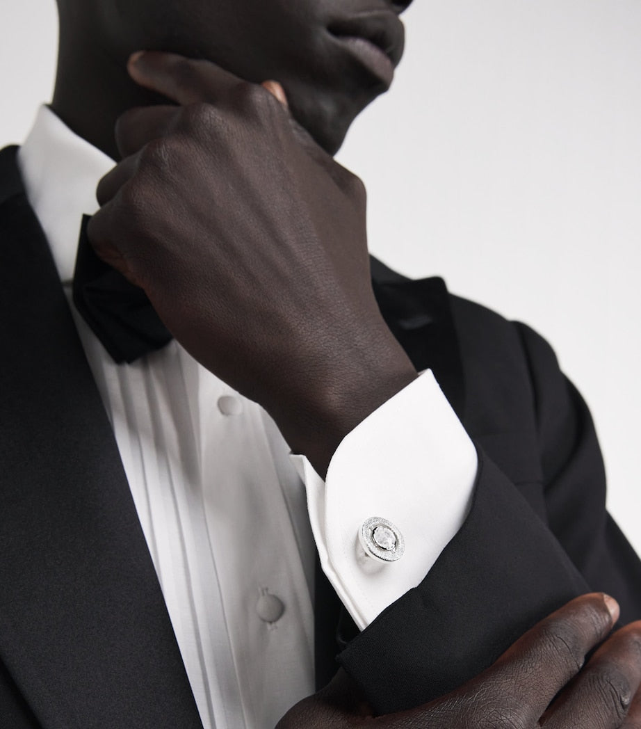 Tateossian rhodium-plated cubic zirconia halo round cufflinks (British brand)