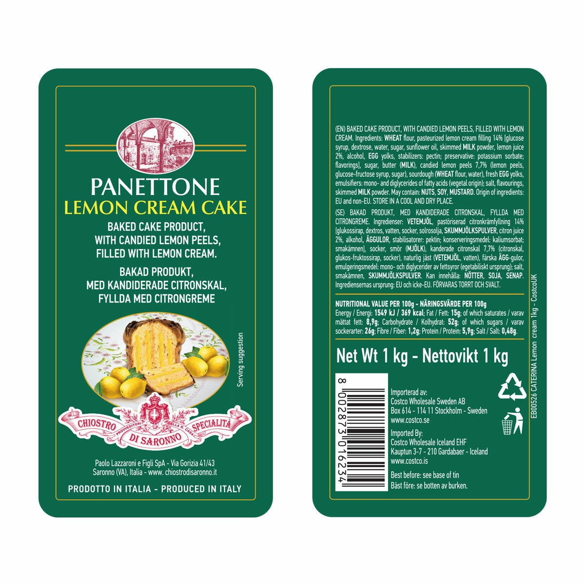 Chiostro Di Saronno lemon cream panettone cake 1kg - British product