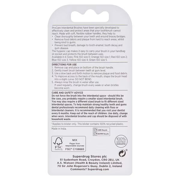 Superdrug Pro Care Interdental Brushes Yellow 0.7mm 6 Pack (British brand)