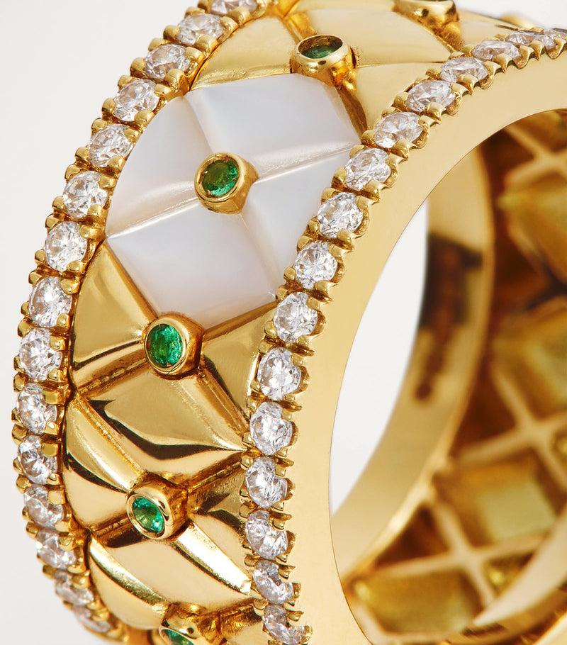 L'atelier Nawbar Small Yellow Gold Diamond Emerald Pearl Bond Street Ring Size 48, UK version