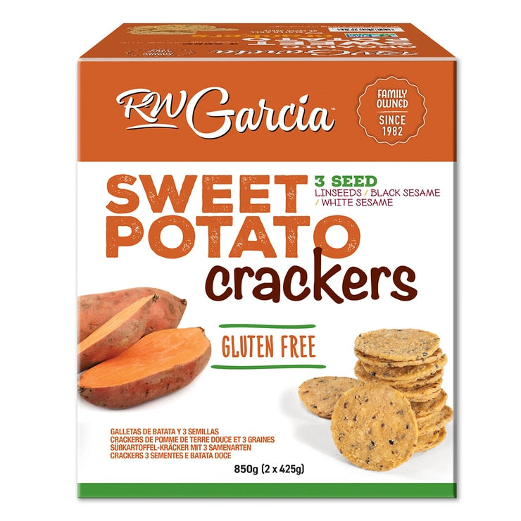 RW Garcia 3 Seed Sweet Potato Crackers 850g, imported from the UK