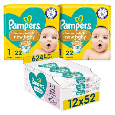 Pampers New Born Nappy Size 1 & Sensitive Wipes Bundle 2 Packs 12 Wipes