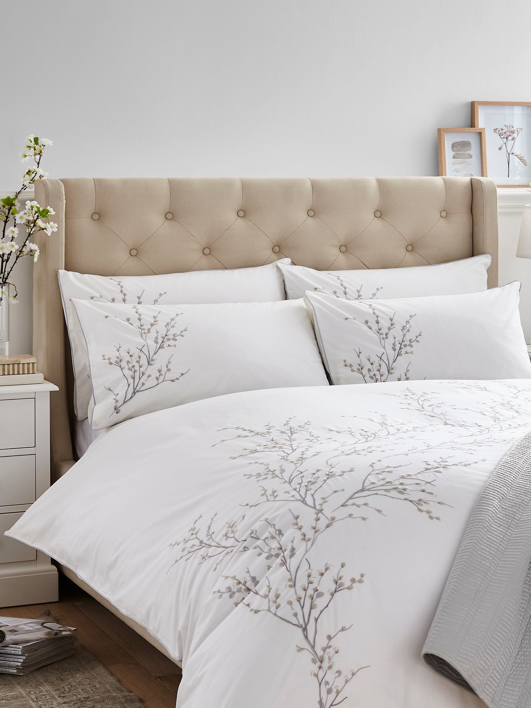 Laura Ashley Grey Dove Pussy Willow Sprig Embroidered Duvet Cover and Pillowcase Set, UK version