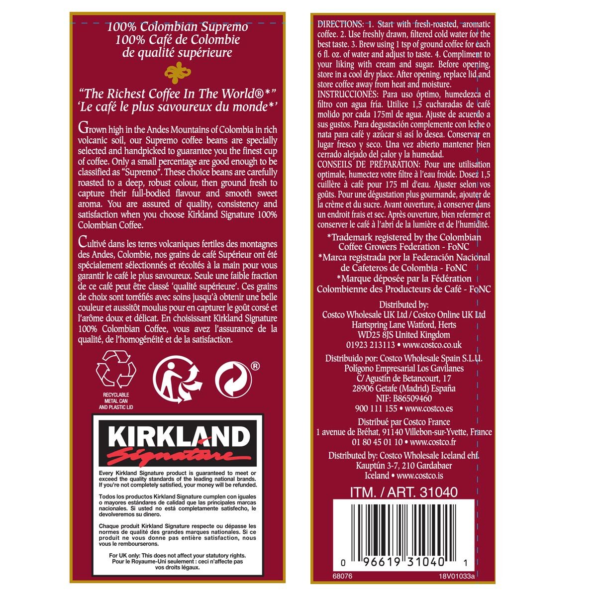 Kirkland Signature 100% Colombian ground filter coffee 1.362kg, UK version