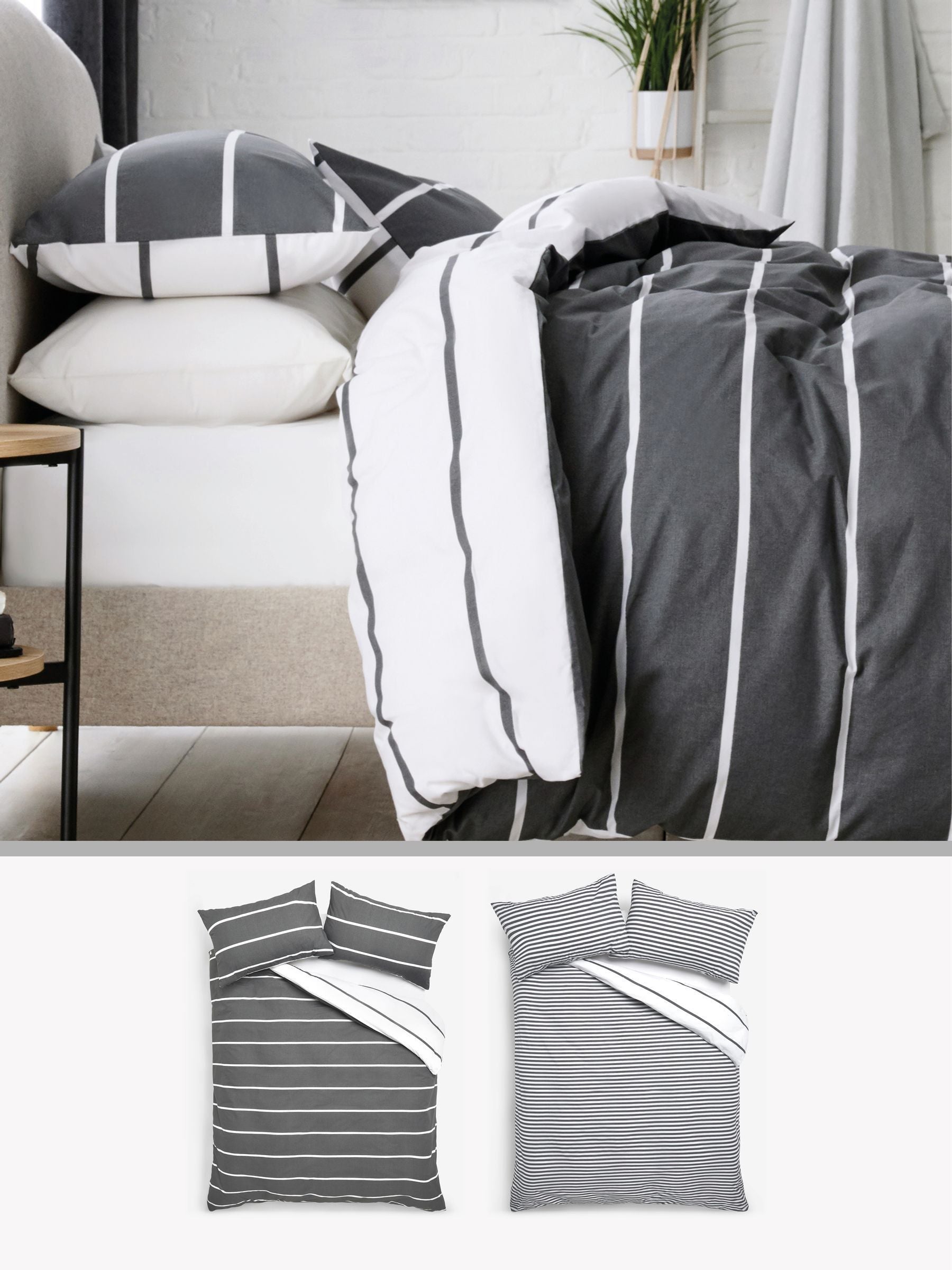 Grey stripe reversible duvet cover and pillowcase set, UK version
