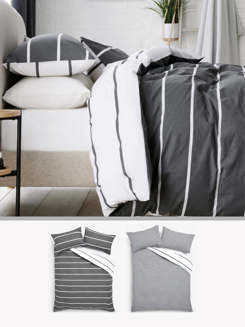 Grey stripe reversible duvet cover and pillowcase set, UK version