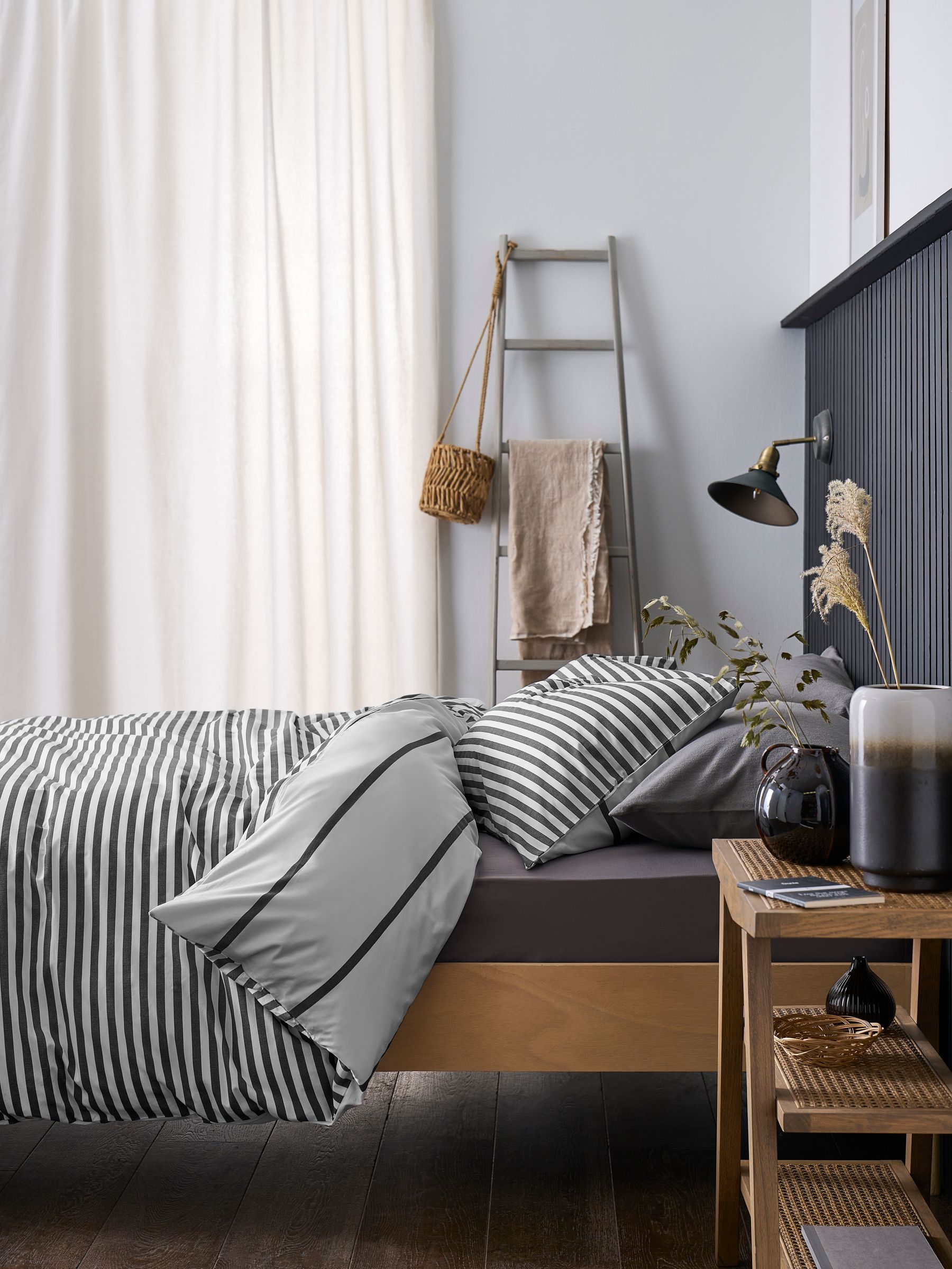 Grey stripe reversible duvet cover and pillowcase set, UK version