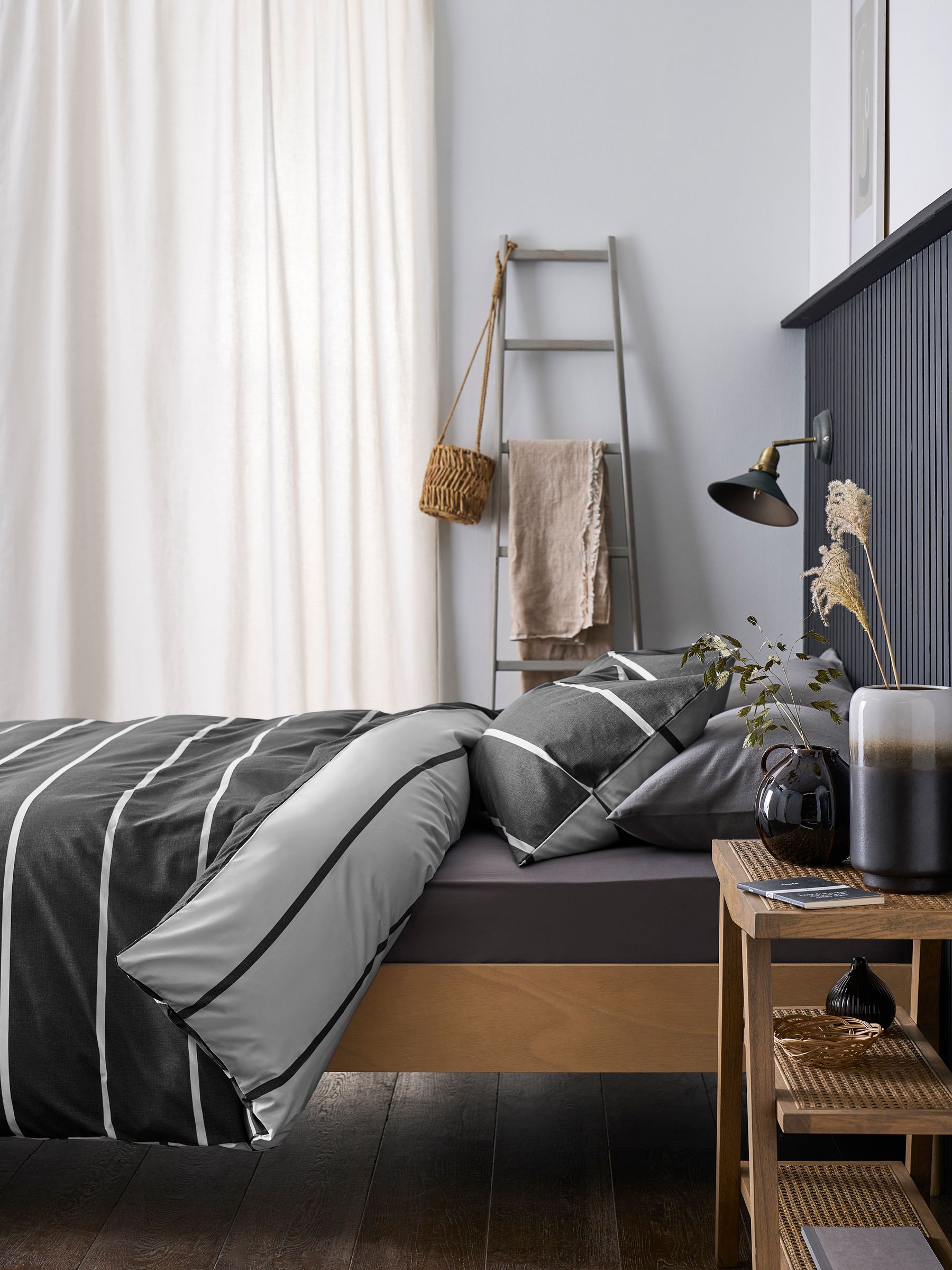 Grey stripe reversible duvet cover and pillowcase set, UK version