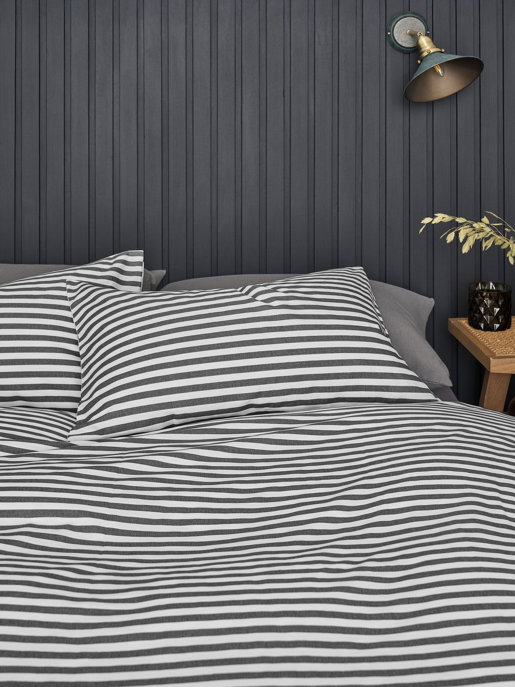Grey stripe reversible duvet cover and pillowcase set, UK version