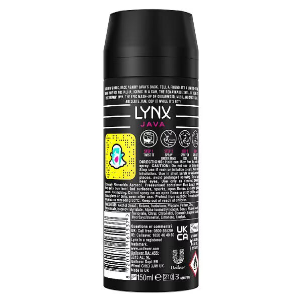 Lynx Java Men's Deodorant Body Spray 150 ml can, UK version