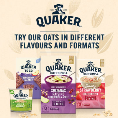 Quaker strawberry, raspberry & cranberry porridge sachets 10x33.9g, imported from the UK
