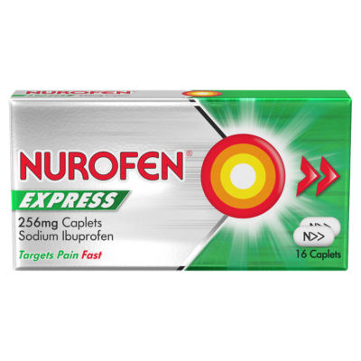 Nurofen Express 256mg pain relief caplets x16, imported from the UK
