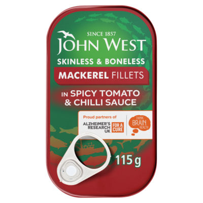 John West mackerel fillets spicy tomato chilli sauce 115g, UK version