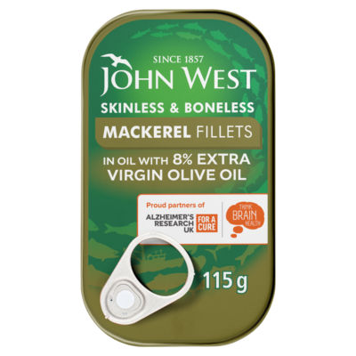 John West mackerel fillets with extra virgin olive oil 115g, UK version